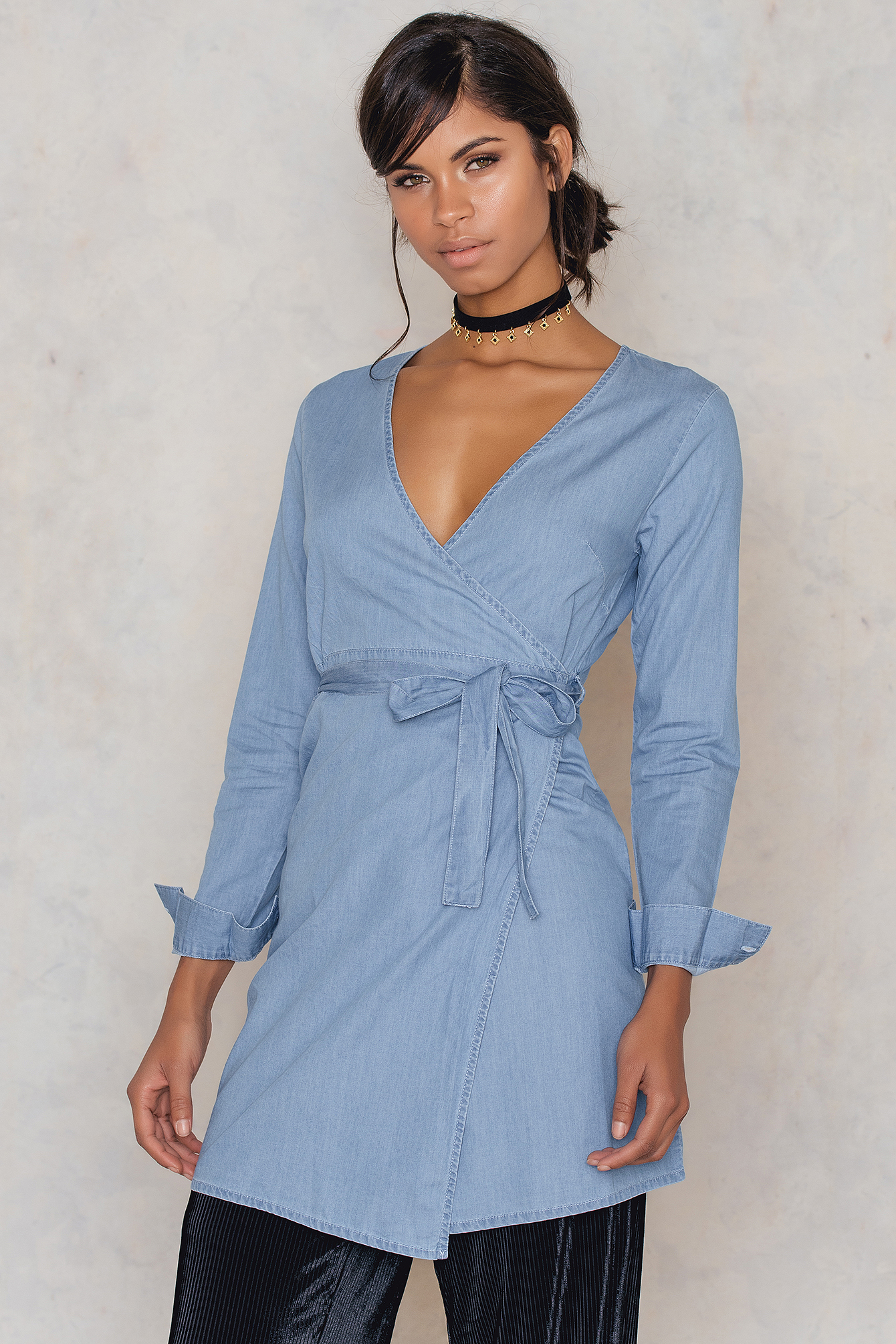 Asymmetric Denim Wrap Dress Blue | na-kd.com